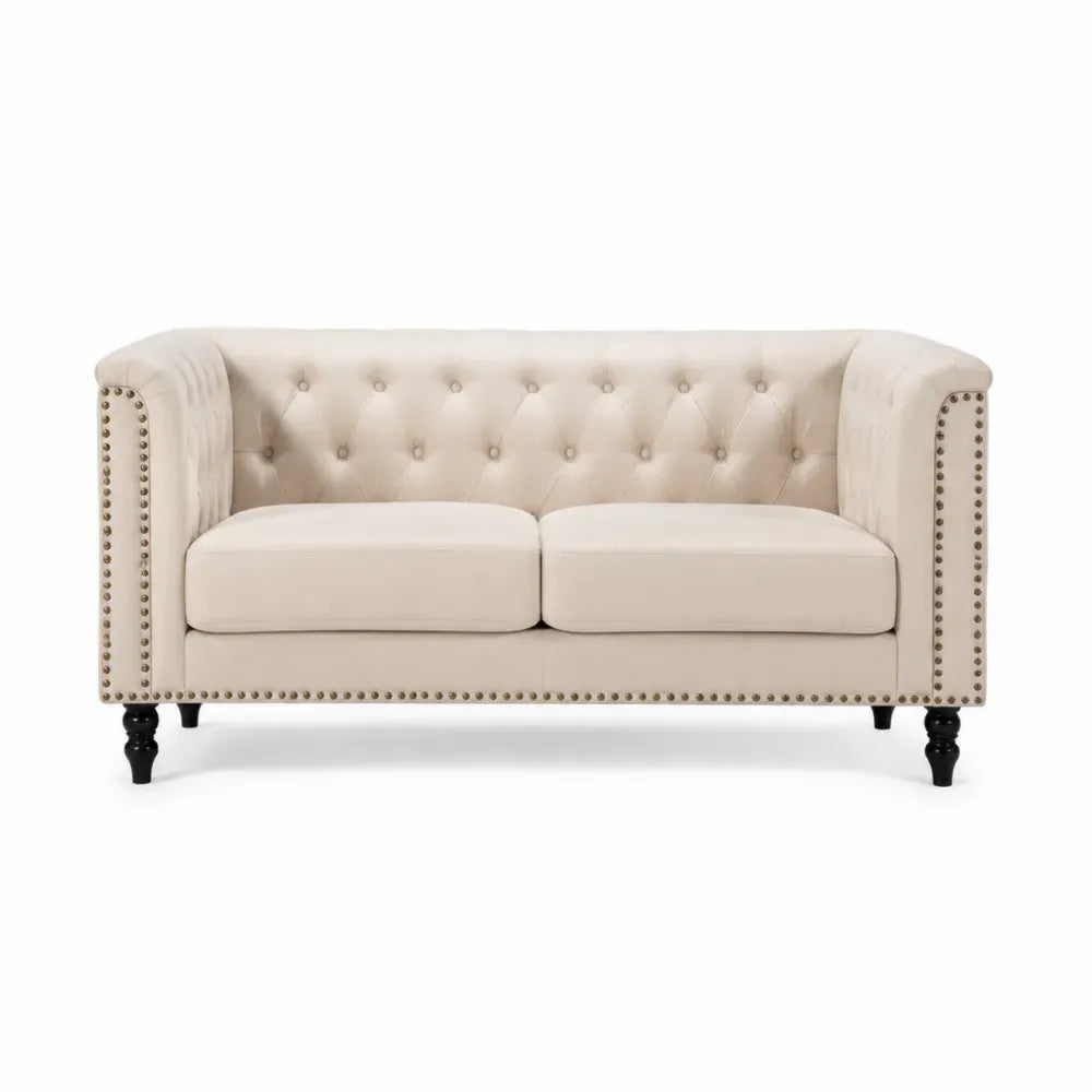 2-Sitzer Chesterfield Sofa mit Knopfheftung 160 x 82 x 75 cm Polyester Samt Kiefernholz Creme Schwarz Antikmessing