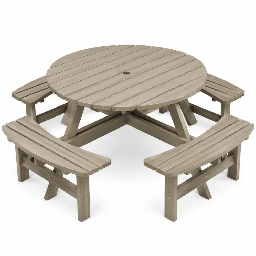 Gartenmöbel Set rund für 8 Personen mit 4 Bänken und Schirmloch 180 x 180 x 74 cm HDPE taupe