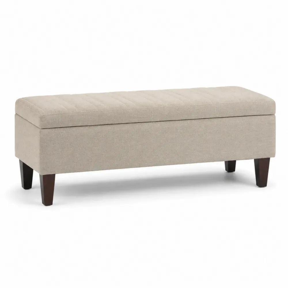 Schlafzimmerbank Sitzbank mit Stauraum rechteckig 120 x 40 x 46 cm Polyestergewebe MDF Kautschukholz Beige Dunkelbraun