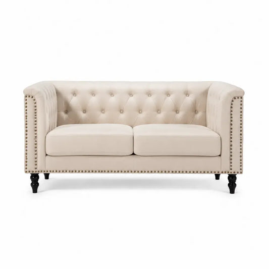 2-Sitzer Chesterfield Sofa mit Knopfheftung 160 x 82 x 75 cm Polyester Samt Kiefernholz Creme Schwarz Antikmessing