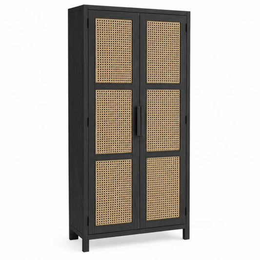 Aufbewahrungsschrank mit 2 Rattantüren 80 x 40 x 180 cm Spanplatte MDF rechteckig Schwarz Natur