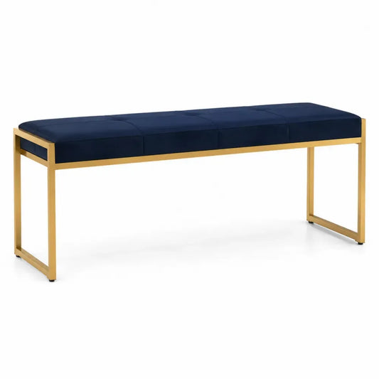 Schlafzimmerbank rechteckig gepolstert mit Polyester-Samt und Stahlgestell Dunkelblau Gold 140 x 40 x 46 cm