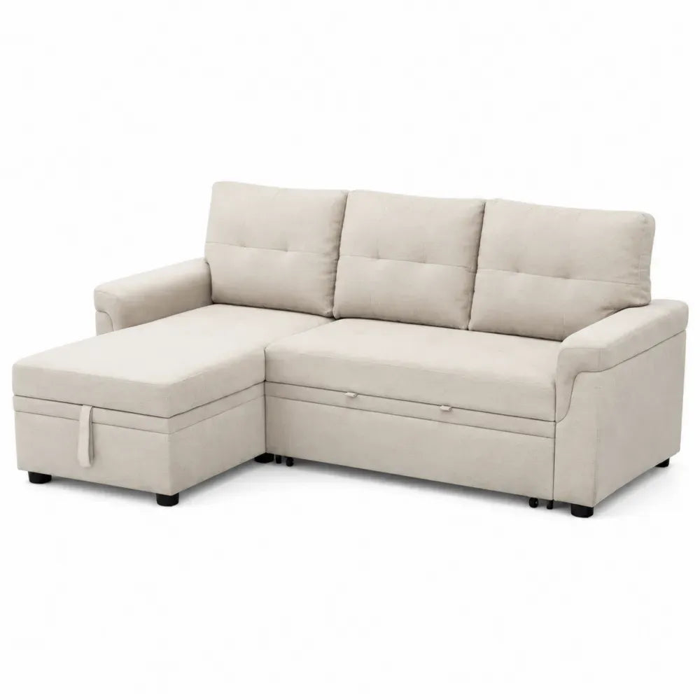 Ecksofa Schlafsofa 3-Sitzer L-Form mit linker Chaiselongue Bettfunktion Stauraum 235 x 150 x 86 cm Polyestergewebe Beige
