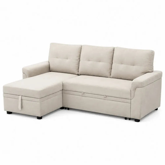 Ecksofa Schlafsofa 3-Sitzer L-Form mit linker Chaiselongue Bettfunktion Stauraum 235 x 150 x 86 cm Polyestergewebe Beige